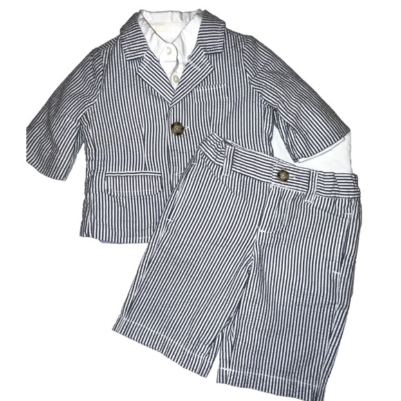 Hooray by Cynthia Rowell Blue White Seersucker Baby Boys 3 Piece Suit 0-3 Months - Picture 1 of 15